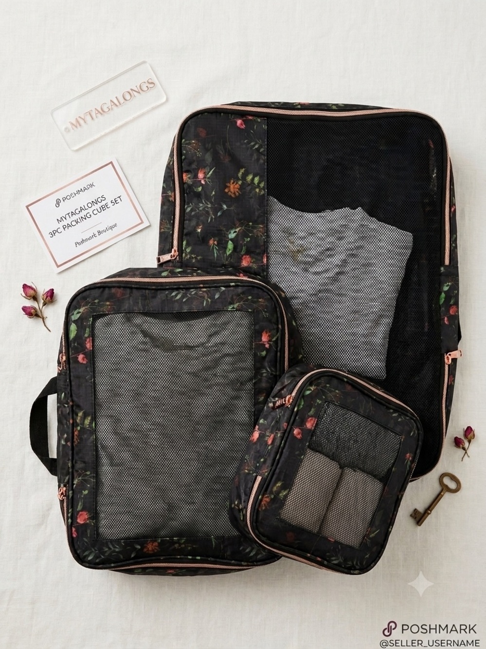 Mytagalongs travel Floral Packing Cube Set Black rose Print mesh
